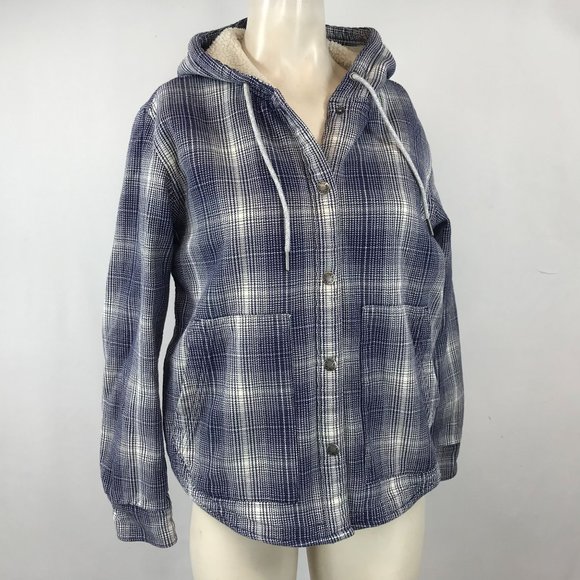 THE NORTH FACE ~ WOMENS SMALL ~ BLUE PLAID SHERPA LINED HOODED FLANNEL - Picture 1 of 7